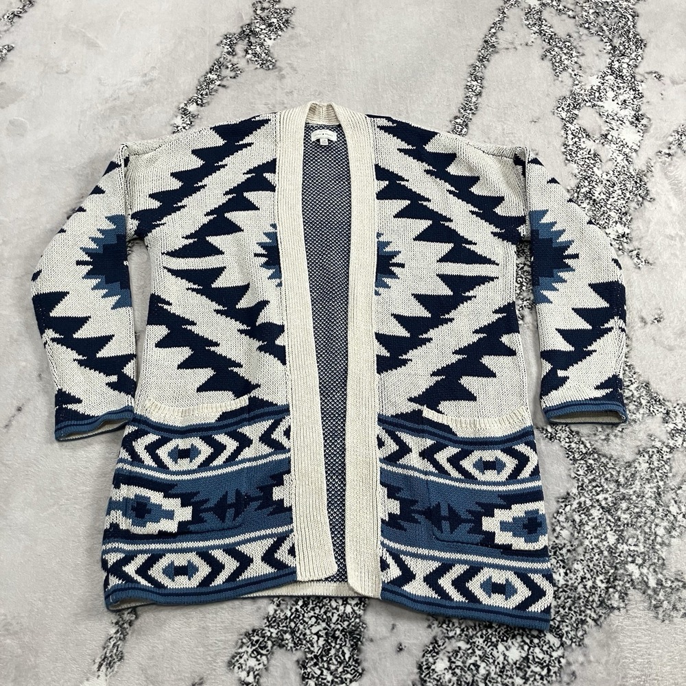 Lucky Brand Cardigan Womens Size L Blue Ivory Southwestern Open Front Knit Boho